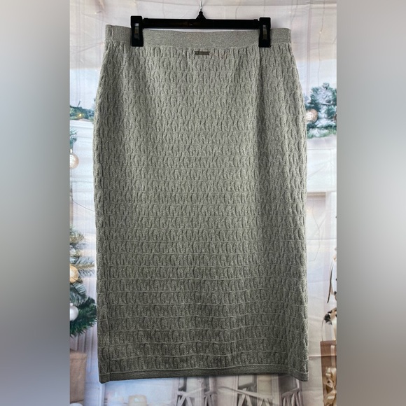 Michael Kors Size:L Women SWEATER SKIRT Metallic Silver Logo Knit Elastic Waist - Picture 2 of 10